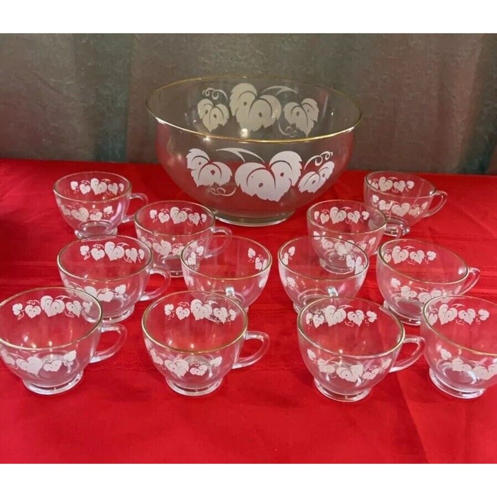 Vintage Anchor Hocking Glass Punch Bowl Set 12 Cups Grape Leaf Design Gold Trim